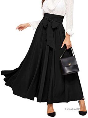 High Waist A-Line Pleated Maxi Skirt Tie Front Flowy Flared
